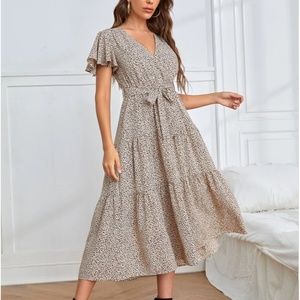 Leopard Print Surplice Neck Flutter Sleeve Belted A-Line Dress